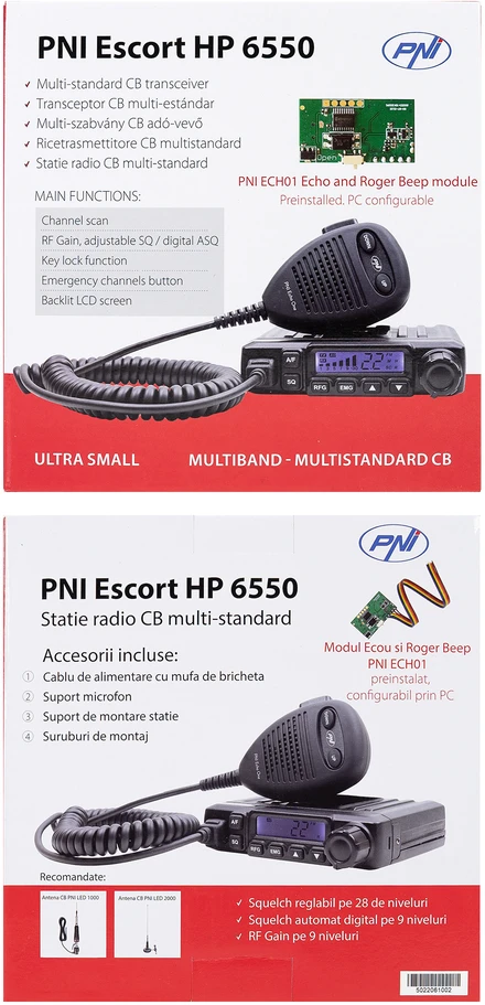 CB radijo stotelė PNI Escort HP 6550 su įdiegtu PNI ECH01, daugiastandartė, 4W, AM-FM, 12V, ASQ, su aido režimu