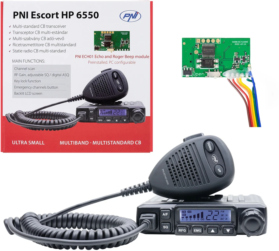 CB radijo stotelė PNI Escort HP 6550 su įdiegtu PNI ECH01, daugiastandartė, 4W, AM-FM, 12V, ASQ, su aido režimu
