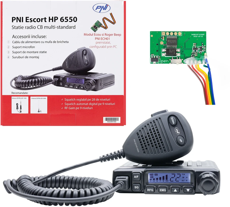 CB radijo stotelė PNI Escort HP 6550 su įdiegtu PNI ECH01, daugiastandartė, 4W, AM-FM, 12V, ASQ, su aido režimu