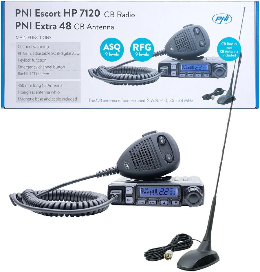 CB radijo stotelė PNI Escort HP 7120 ASQ, RF Gain, 4W, 12V ir CB antena PNI Extra 48 su magnetiniu pagrindu, 45cm, SWR 1.0