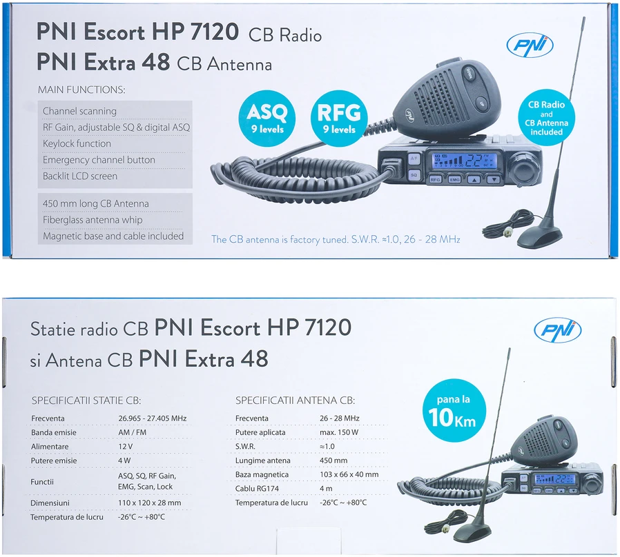 CB radijo stotelė PNI Escort HP 7120 ASQ, RF Gain, 4W, 12V ir CB antena PNI Extra 48 su magnetiniu pagrindu, 45cm, SWR 1.0