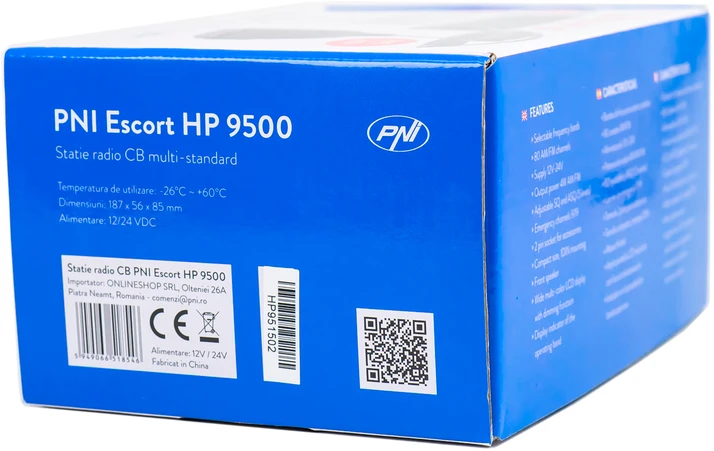 CB radijo stotelė PNI Escort HP 9500 multistandartinė, ASQ, VOX, nuskaitymas (Scan), 4W, AM-FM, 12V / 24V maitinimo šaltinis, komplekte yra cigarečių degiklio kištukas