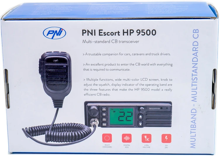 CB radijo stotelė PNI Escort HP 9500 multistandartinė, ASQ, VOX, nuskaitymas (Scan), 4W, AM-FM, 12V / 24V maitinimo šaltinis, komplekte yra cigarečių degiklio kištukas