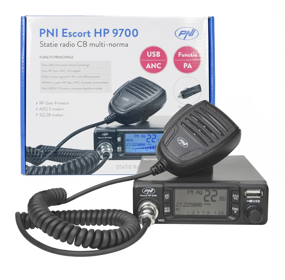 CB radijo stotelė PNI Escort HP 9700 USB, ANC, ASQ, 12V maitinimo šaltinis, pridedamas cigarečių degiklio kištukas