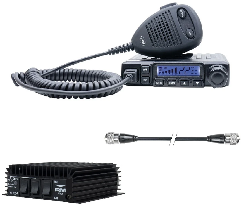 CB radijo stotelės komplektas PNI Escort HP 6500, RX-TX KL203P stiprintuvas, AM-FM-SSB, 100W, 12V ir PNI R50 kabelis