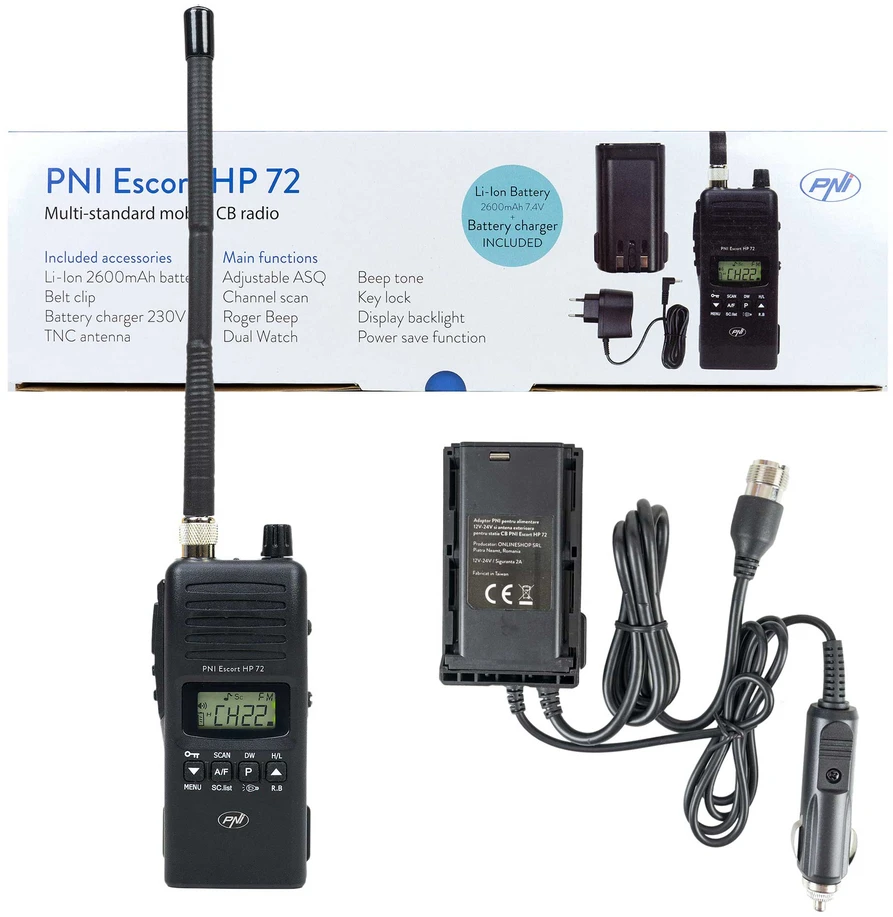 CB radijo stotelės PNI Escort HP 72 komplektas su 12V-24V maitinimo adapteriu ir išorine antena
