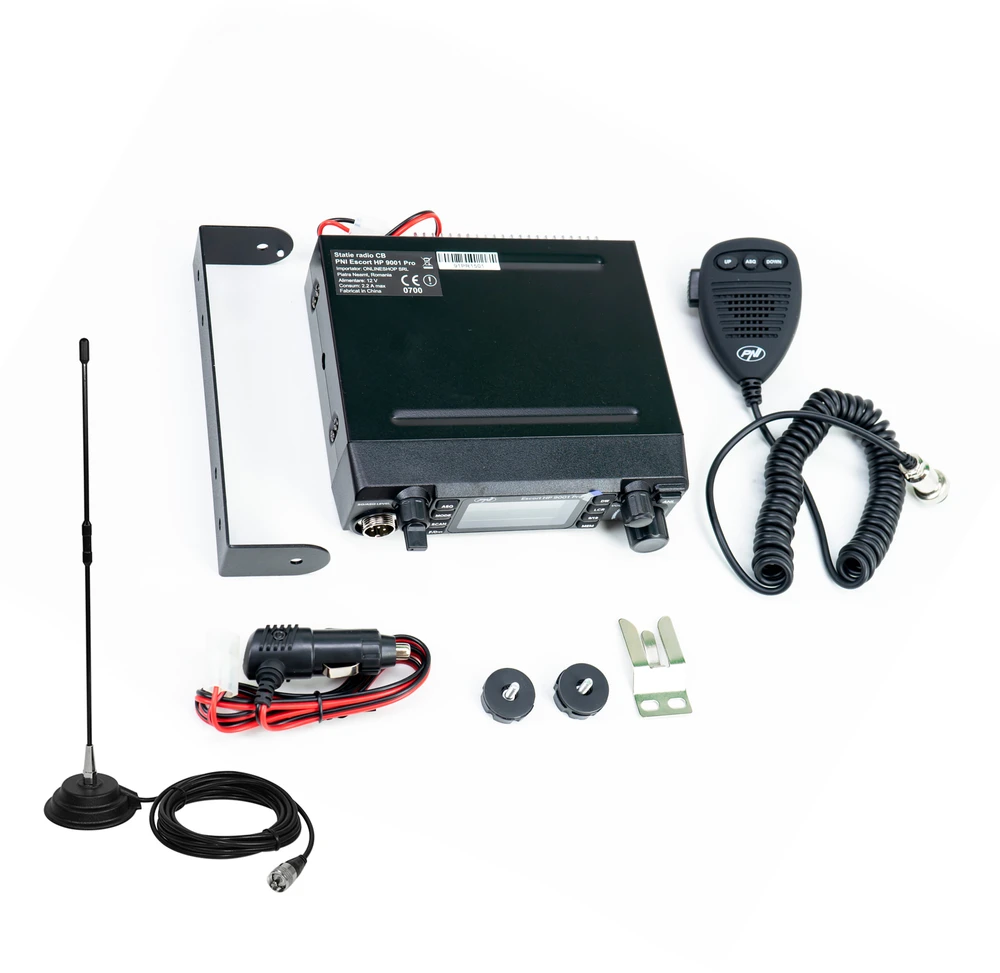 CB radijo stoties komplektas PNI ESCORT HP 9001 PRO ASQ, reguliuojama, AM-FM, 12V / 24V, 4W + CB antena PNI Extra 40 su magnetu, 30W, 26-30MHz, SWR 1.0, stiklo pluoštas