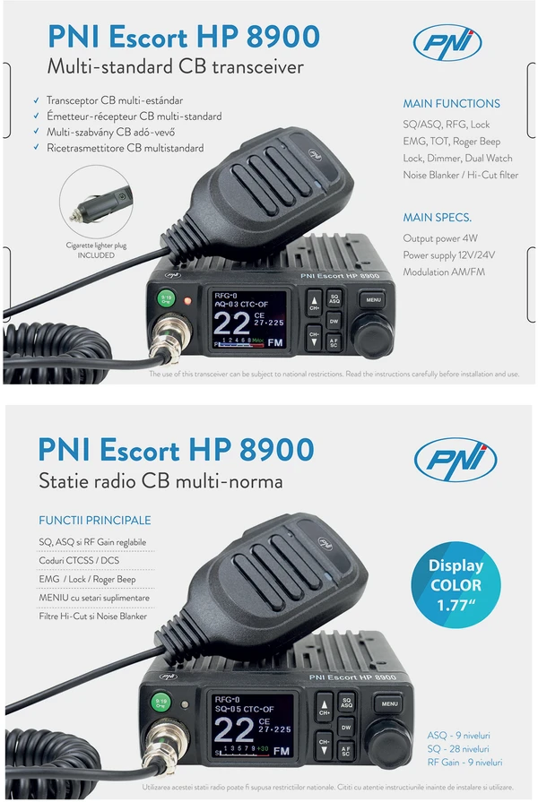 CB radijo stoties komplektas PNI Escort HP 8900 ASQ, 12-24V + CB antena PNI ML100 su magnetiniu pagrindu, 12V / 24V maitinimas, RF stiprinimas (RF Gain), Roger Beep, CTCSS-DCS, dvigubas stebėjimas (Dual Watch)