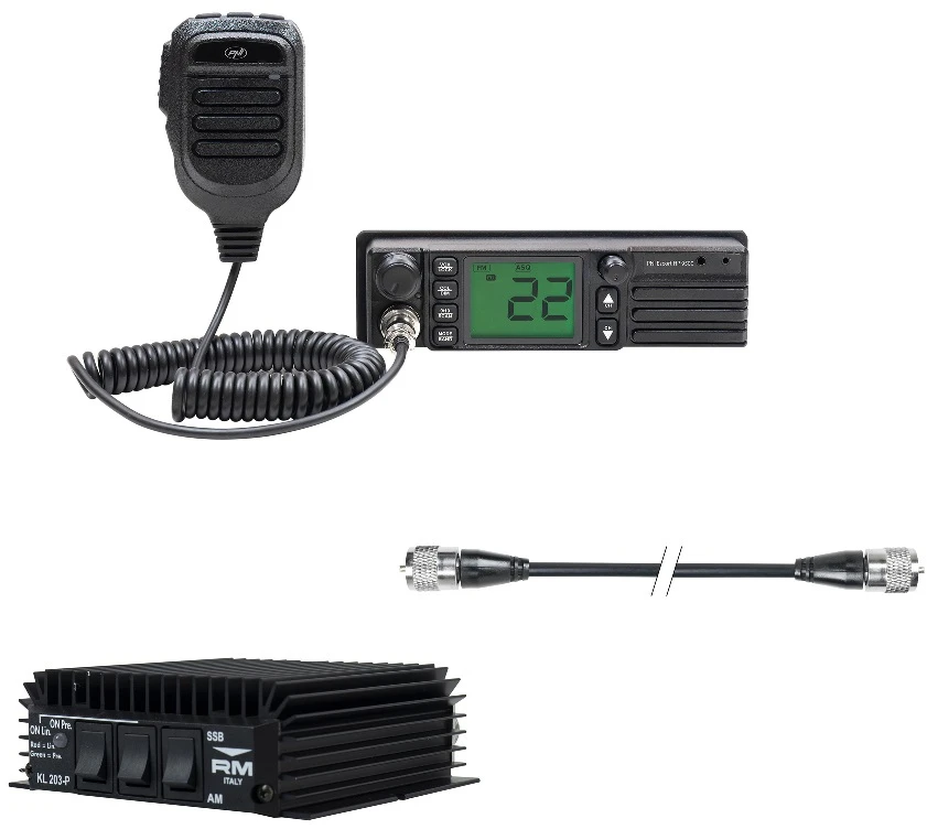 CB radijo stoties komplektas PNI Escort HP 9500, RX-TX KL203P stiprintuvas, AM-FM-SSB, 100W, 12V ir PNI R50 kabelis