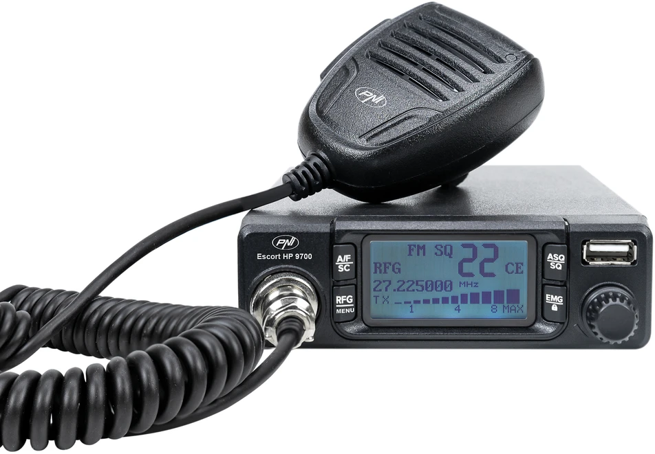 CB radijo stoties komplektas PNI Escort HP 9700 USB ir CB antena PNI LED 2000 su magnetiniu pagrindu, 12V / 24V maitinimo šaltinis, komplekte yra cigarečių degiklio kištukas, ASQ 5 lygiai