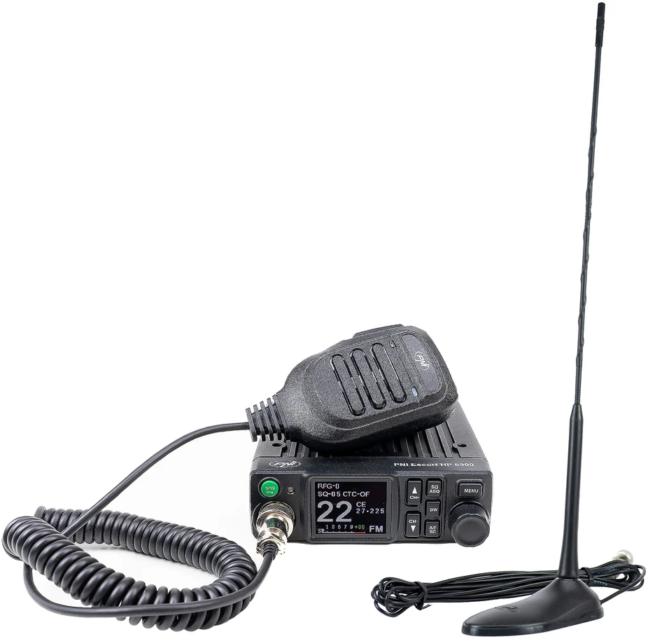 CB radijo stoties komplektas PNI Escort HP 8900 ASQ, 12-24V + CB antena PNI Extra 45 su magnetiniu pagrindu, 12V / 24V maitinimas, RF stiprinimas, Roger Beep, CTCSS-DCS, dvigubas stebėjimas