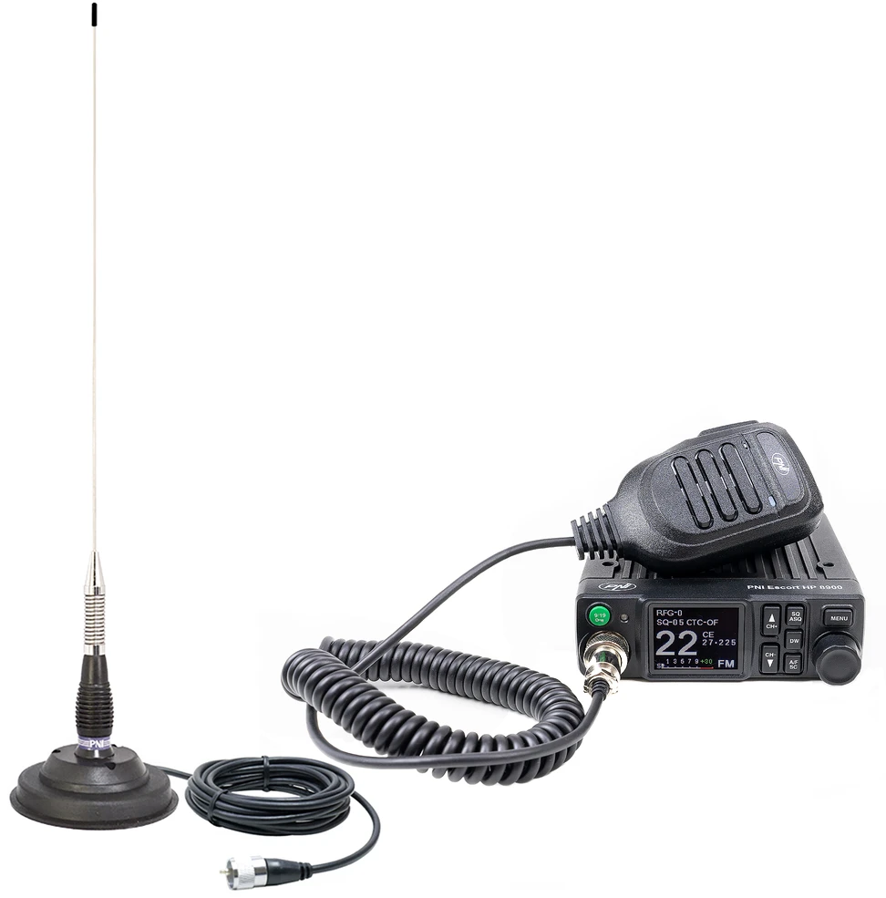 CB radijo stoties komplektas PNI Escort HP 8900 ASQ, 12-24V + CB antena PNI ML100 su magnetiniu pagrindu, 12V / 24V maitinimas, RF stiprinimas (RF Gain), Roger Beep, CTCSS-DCS, dvigubas stebėjimas (Dual Watch)