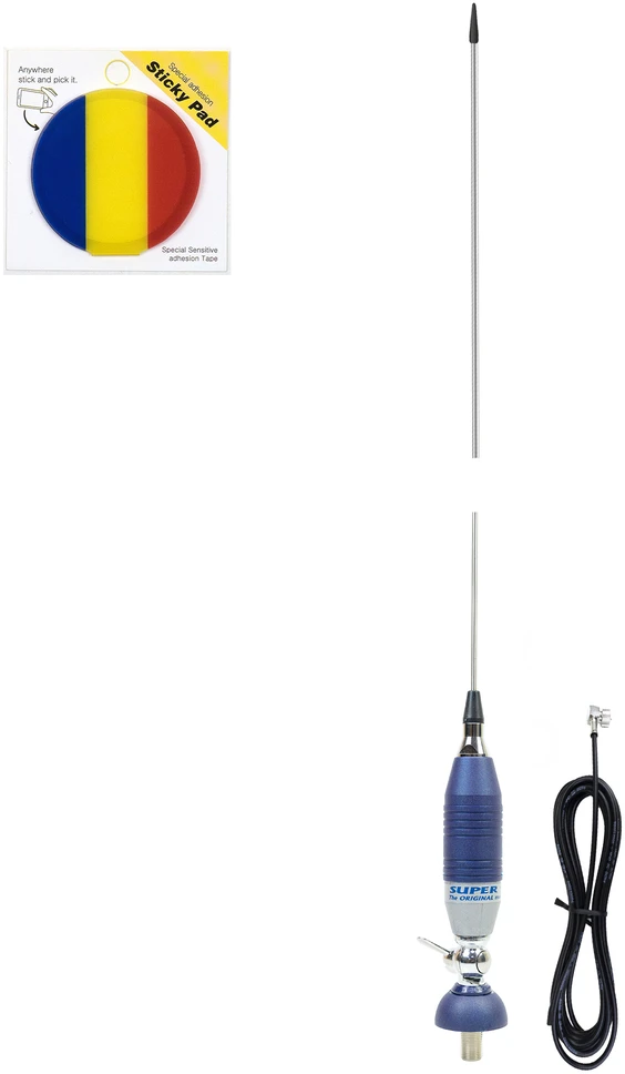 CB Sirio SUPER 9 antenos komplektas su tvirtinimo elementu, 155 cm ilgio, su pridedamu „Sticky Pad Flag“