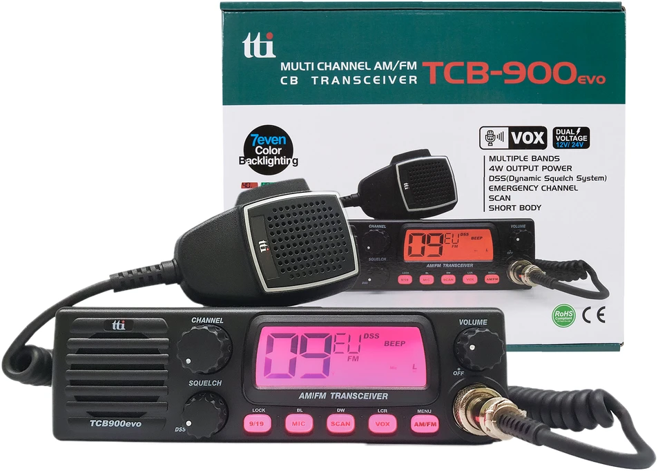 CB TTi TCB-900 EVO radijo stotelė, 12V 24V, nuskaitymas (Scan), SQ, DSS, dviejų kanalų stebėjimas (Dual Watch), mikrofono jautrumas (Mic Gain), Bluetooth rakto jungtis