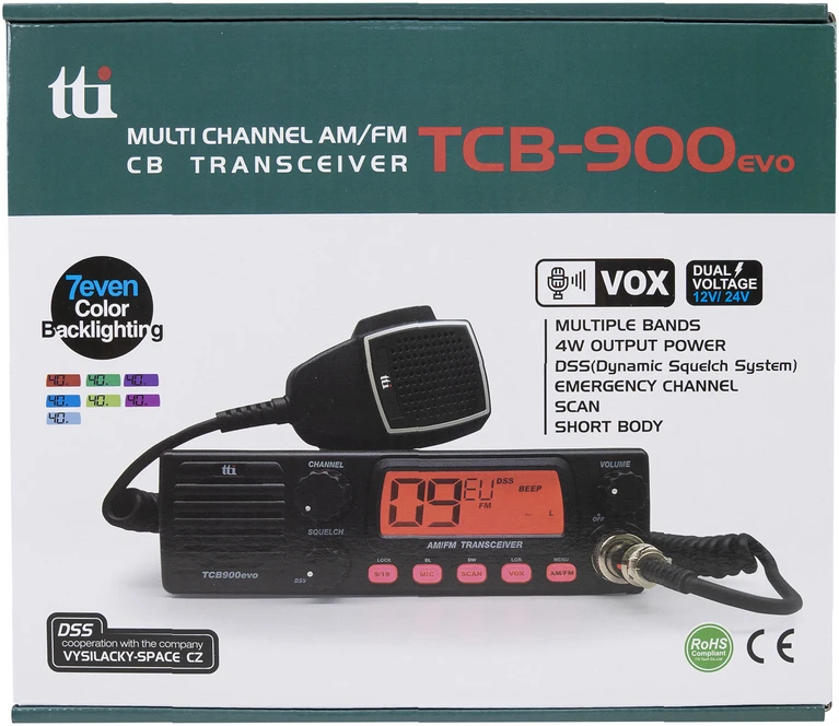 CB TTi TCB-900 EVO radijo stotelė, 12V 24V, nuskaitymas (Scan), SQ, DSS, dviejų kanalų stebėjimas (Dual Watch), mikrofono jautrumas (Mic Gain), Bluetooth rakto jungtis