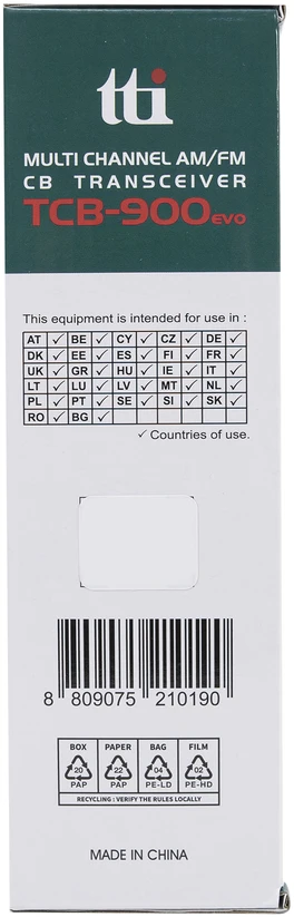 CB TTi TCB-900 EVO radijo stotelė, 12V 24V, nuskaitymas (Scan), SQ, DSS, dviejų kanalų stebėjimas (Dual Watch), mikrofono jautrumas (Mic Gain), Bluetooth rakto jungtis