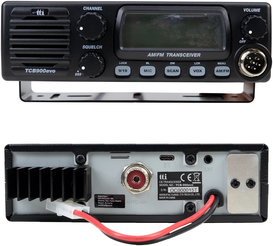 CB TTi TCB-900 EVO radijo stotelė, 12V 24V, nuskaitymas (Scan), SQ, DSS, dviejų kanalų stebėjimas (Dual Watch), mikrofono jautrumas (Mic Gain), Bluetooth rakto jungtis
