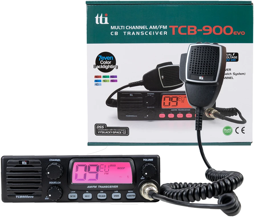 CB TTi TCB-900 EVO radijo stotelė, 12V 24V, nuskaitymas (Scan), SQ, DSS, dviejų kanalų stebėjimas (Dual Watch), mikrofono jautrumas (Mic Gain), Bluetooth rakto jungtis