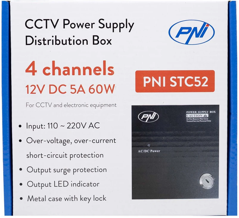 CCTV maitinimo šaltinis PNI STC52 12V, 5A, 60W, 4 išėjimai, metalinėje dėžutėje