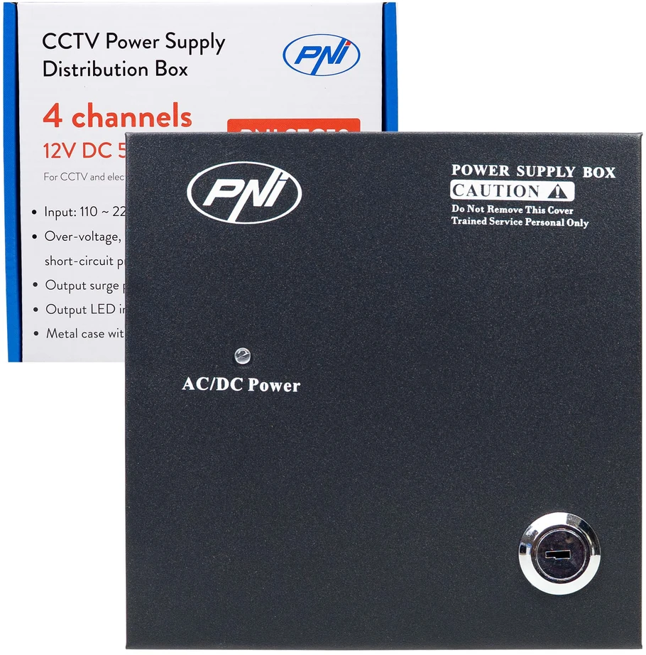 CCTV maitinimo šaltinis PNI STC52 12V, 5A, 60W, 4 išėjimai, metalinėje dėžutėje