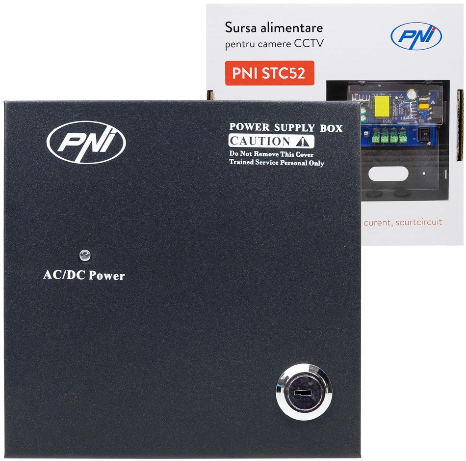 CCTV maitinimo šaltinis PNI STC52 12V, 5A, 60W, 4 išėjimai, metalinėje dėžutėje