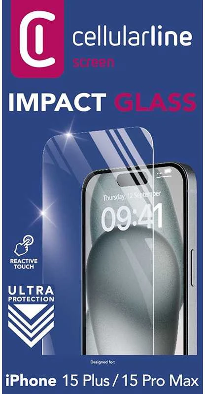 „Cellular Line Cellularline Impact Glass“ – grūdintas apsauginis stiklas, skirtas „Apple iPhone 15 Plus“ / „Apple iPhone 15 Pro Max“.