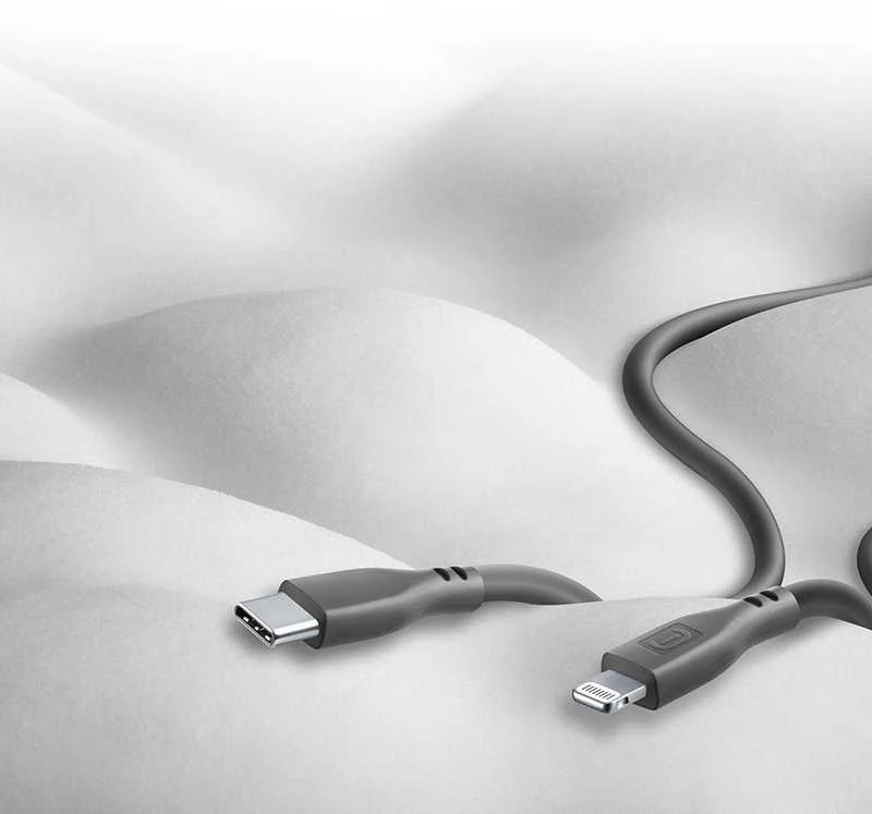 „Cellular Line Cellularline Soft Cable“ – USB-C į „Lightning“ laidas, sertifikuotas MFi, 1,2 m, juodas