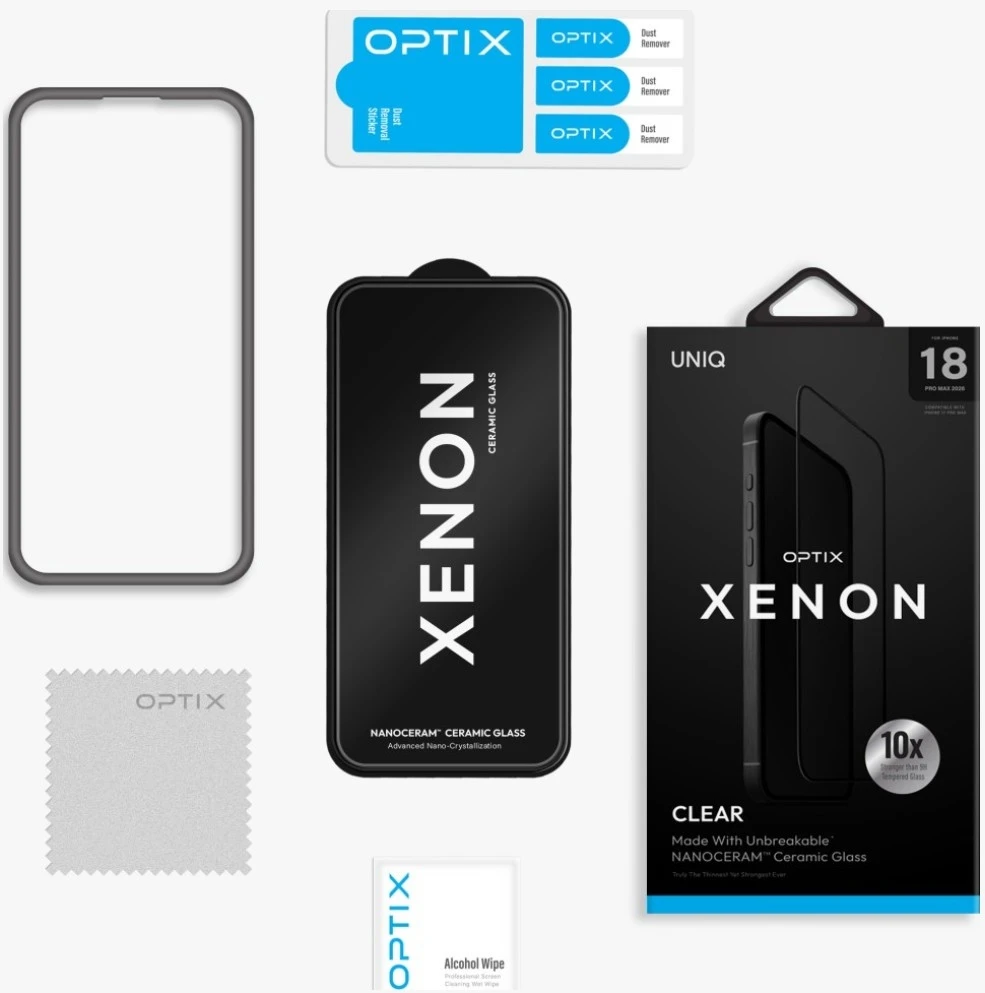 Keraminio stiklo ekrano apsauga UNIQ Optix Xenon Nanoceram, skirta iPhone 18 Pro Max
