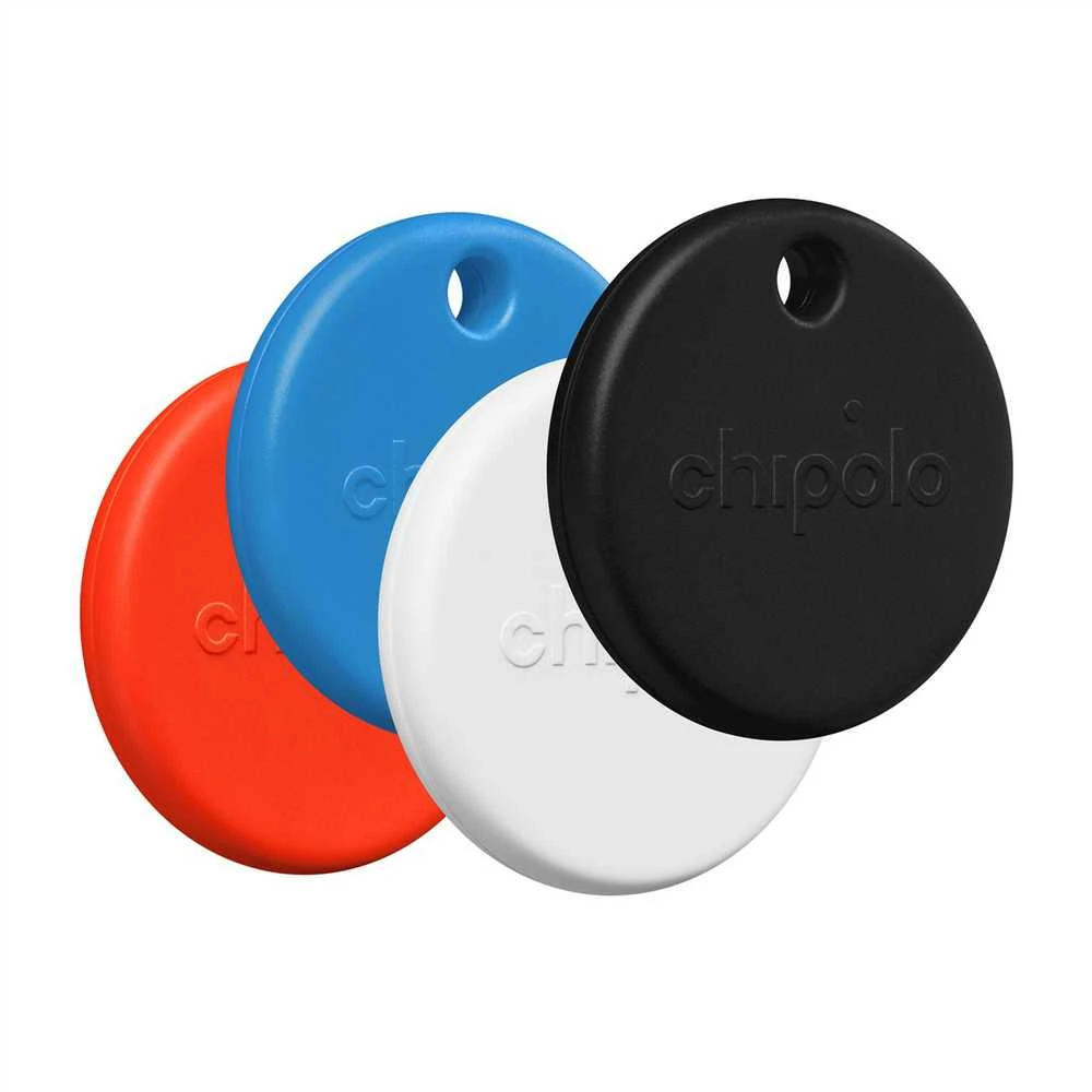 Chipolo POP – Bluetooth Tracker with Replaceable Baterija for iOS & Android, 4pack -Juodas, Baltas, Raudona, Mėlyna