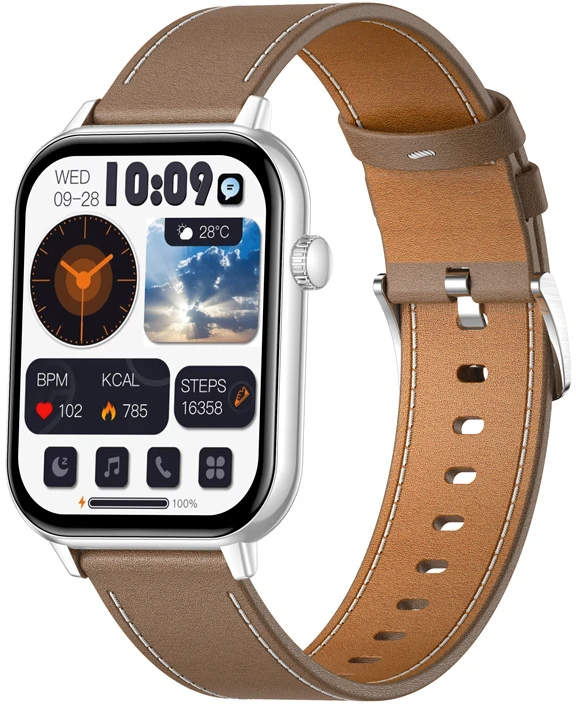 COLMI C28 Išmanusis laikrodis – Sidabrinis + Brown Leather Strap