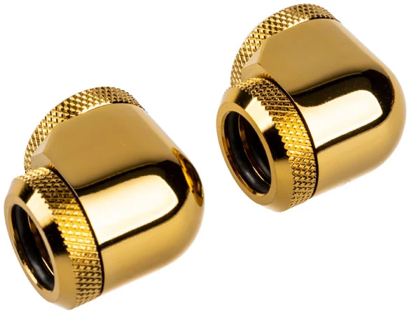 Corsair „Hydro X“ serijos XF kietojo vamzdžio adapteris 90 laipsnių kampu nuo 14 mm išorinio skersmens iki 14 mm išorinio kietojo vamzdžio – 2 vnt. pakuotėje, auksinis