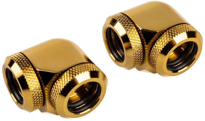 Corsair „Hydro X“ serijos XF kietojo vamzdžio adapteris 90 laipsnių kampu nuo 14 mm išorinio skersmens iki 14 mm išorinio kietojo vamzdžio – 2 vnt. pakuotėje, auksinis