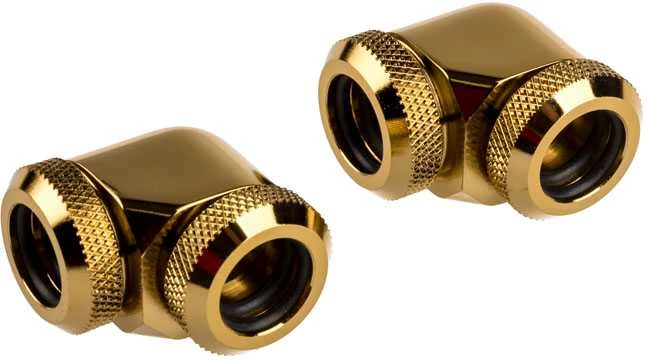 Corsair „Hydro X“ serijos XF kietojo vamzdžio adapteris 90 laipsnių 12 mm išorinio skersmens ir 12 mm išorinio skersmens kietajam vamzdžiui – 2 vnt. pakuotėje, auksinis