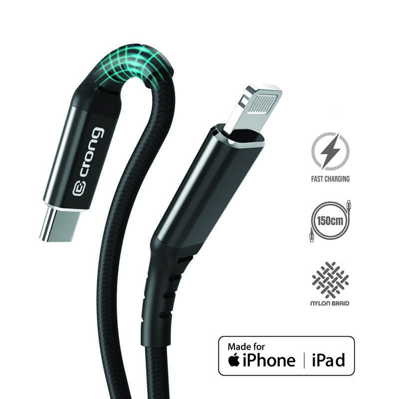 „Crong Armor Link“ – USB-C laidas su „Lightning Fast Charging“ sertifikatu, MFi 150 cm (juodas)