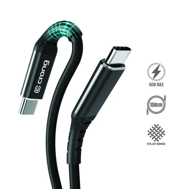 „Crong Armor Link“ – USB-C į USB-C 60 W pintas kabelis, maitinimo tiekimas, greitas įkrovimas, 150 cm juodos spalvos