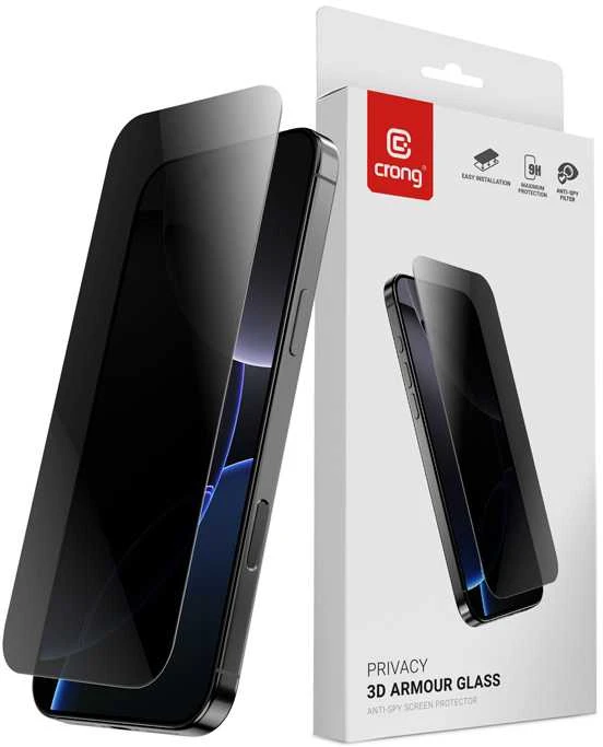 Crong Privacy 3D Armor Glass – grūdintas privatumas stiklas, skirtas iPhone 16 / iPhone 15