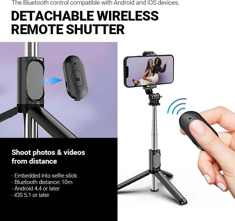 Stovas „Crong SelfieGo Lite“ – kompaktiškas „Bluetooth“ asmenukių lazdos trikojis (juodas)