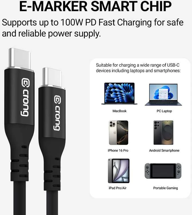 „Crong Soft Link“ – 100 W PD 5A USB-C į USB-C laidas, 120 cm, juodas