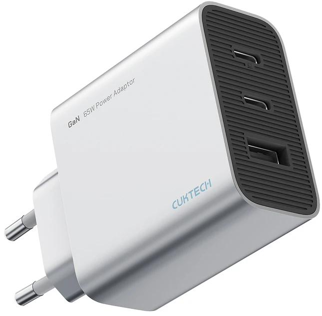 Cuktech 65 W GaN 2 x USB-C 1 x USB-A sieninis įkroviklis – pilkas
