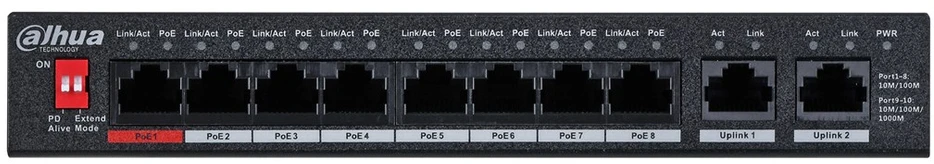 Dahua PoE šakotuvas 8*100Mbps PoE portai ir 2 Uplink 1000Mbps, Total-96W, BT 90W