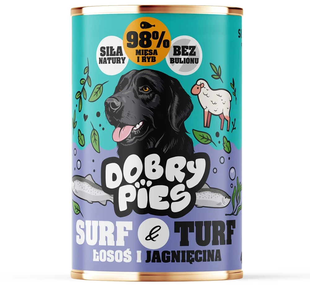 Dobry Pies Šunų Maistas - DOBRY šunims Surf & Turf Lašiša ir Aviena Šlapiame 400g