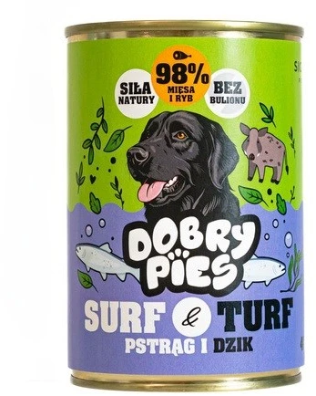 Dobry Pies Šunų Maistas - DOBRY šunims Surf & Turf Upėtakis Sušalęs Šernas Drėgnas 400g
