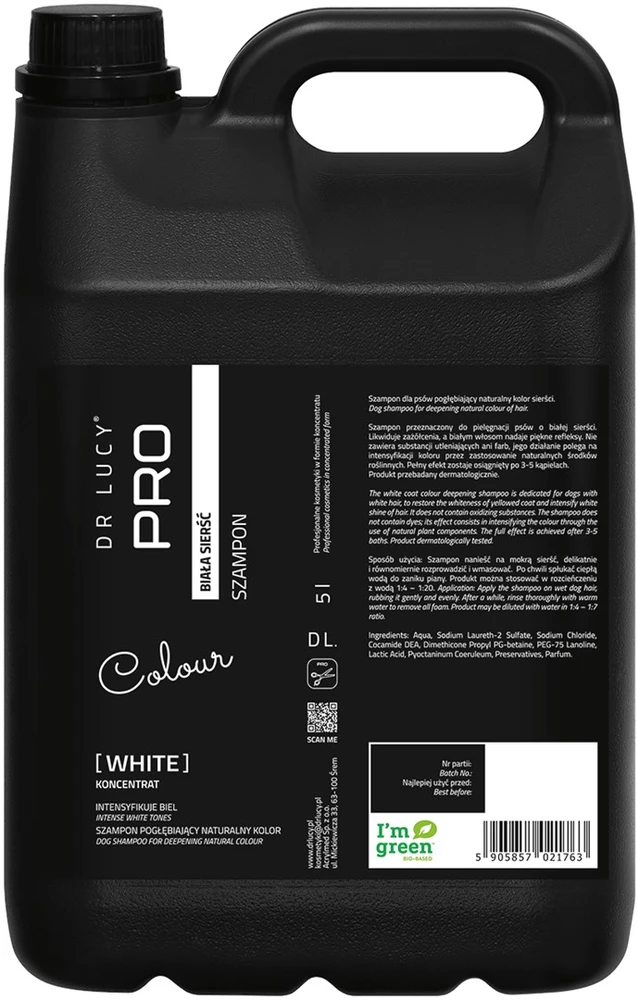 Dr. Lucy Pro Baltas Coat šampūnas – Balinanti formulė, 5L butelis su nemokamu siurbliu