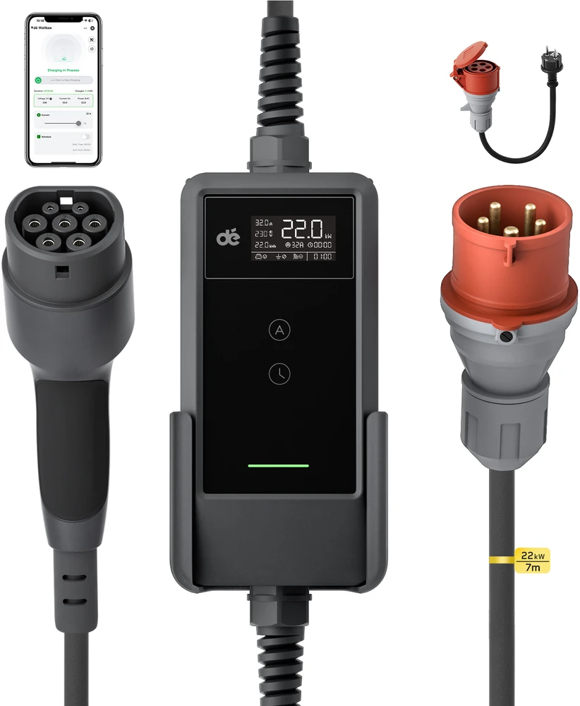 Deaccessories dé 22kW nešiojamas įkroviklis su 7m laidu (PROGRAMĖLĖS VERSIJA)
