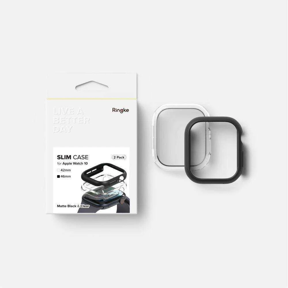 Dėklas Apple Watch 10 (46mm) Ringke Slim 2-pack Clear & Matte juodos spalvos