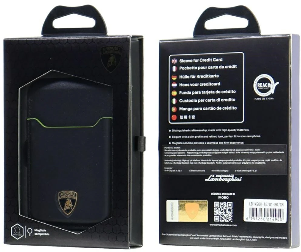 Dėklas Audi Lamborghini D1 Genuine Leather MagSafe Phone Wallet - Juodas and Žalias