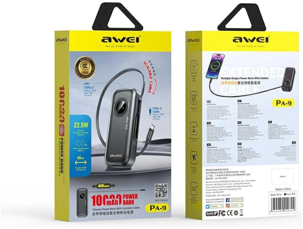 AWEI PowerBank PA-9 10000mAh 22.5W juodos spalvos