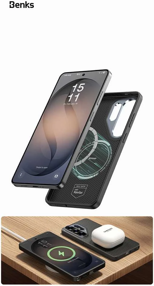 Benks Magnetic Armor Pro Kevlar metalinio rėmelio dėklas 600D (G048), skirtas Samsung Galaxy S26 juodas