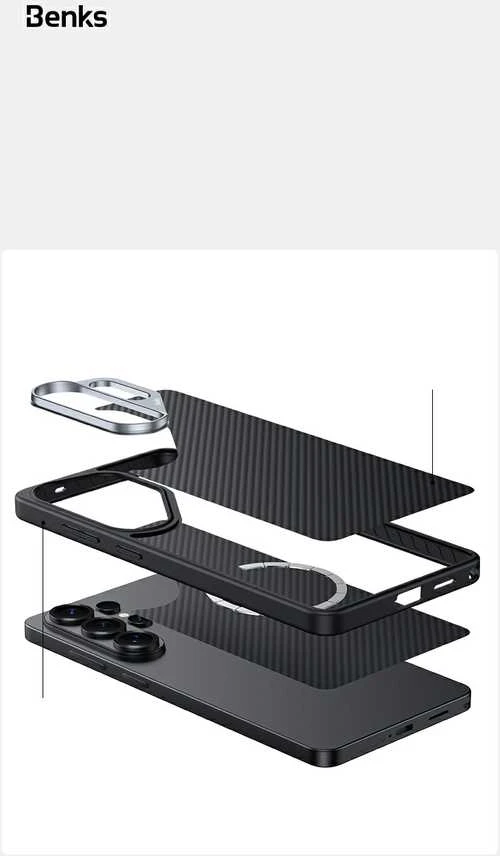 Benks Magnetic Armor Pro Kevlar metalinio rėmelio dėklas 600D (G048), skirtas Samsung Galaxy S26 juodas