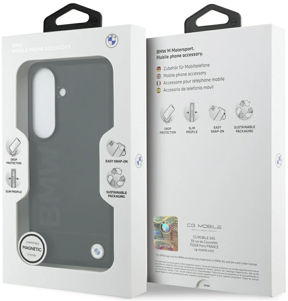 Dėklas BMW Leather Hot Stamp MagSafe Samsung Galaxy S26 juodos spalvos